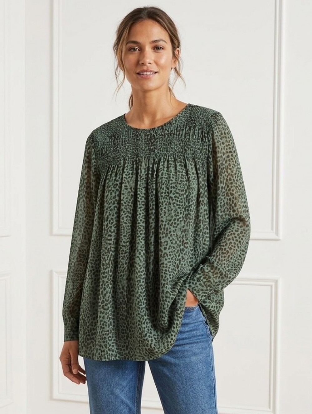 J. Jill All-over Leopard Print Top With Gathered Detail Size XL